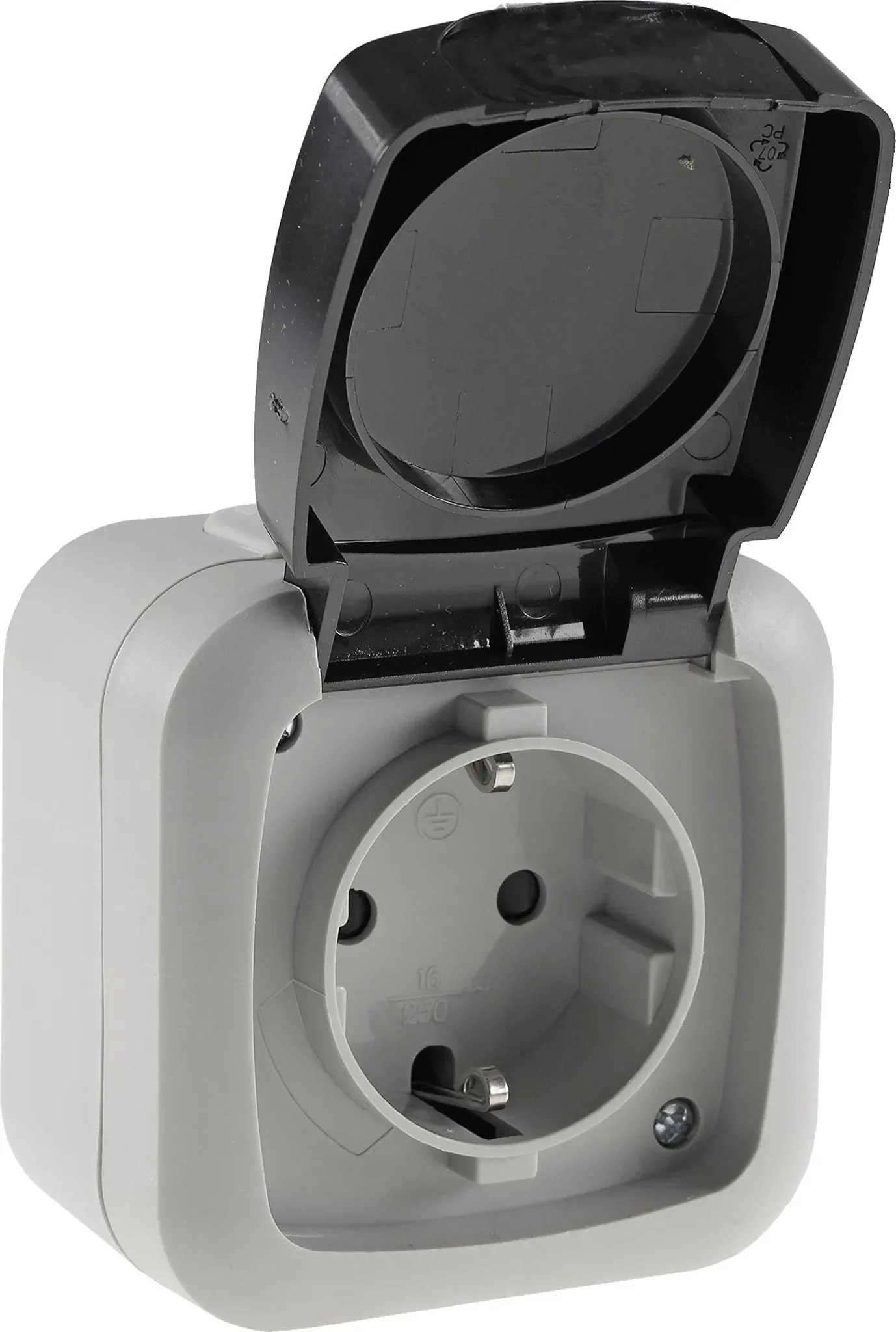 Feuchtraum-Aufputzsteckdose – IP44 – Grau – mit Deckel